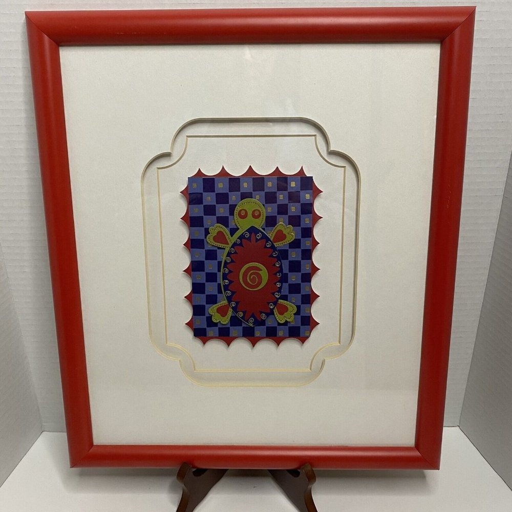 Turtle cut out 3D framed wall art‎ red picture nursery kids  Rare 15.5"x 13.5"